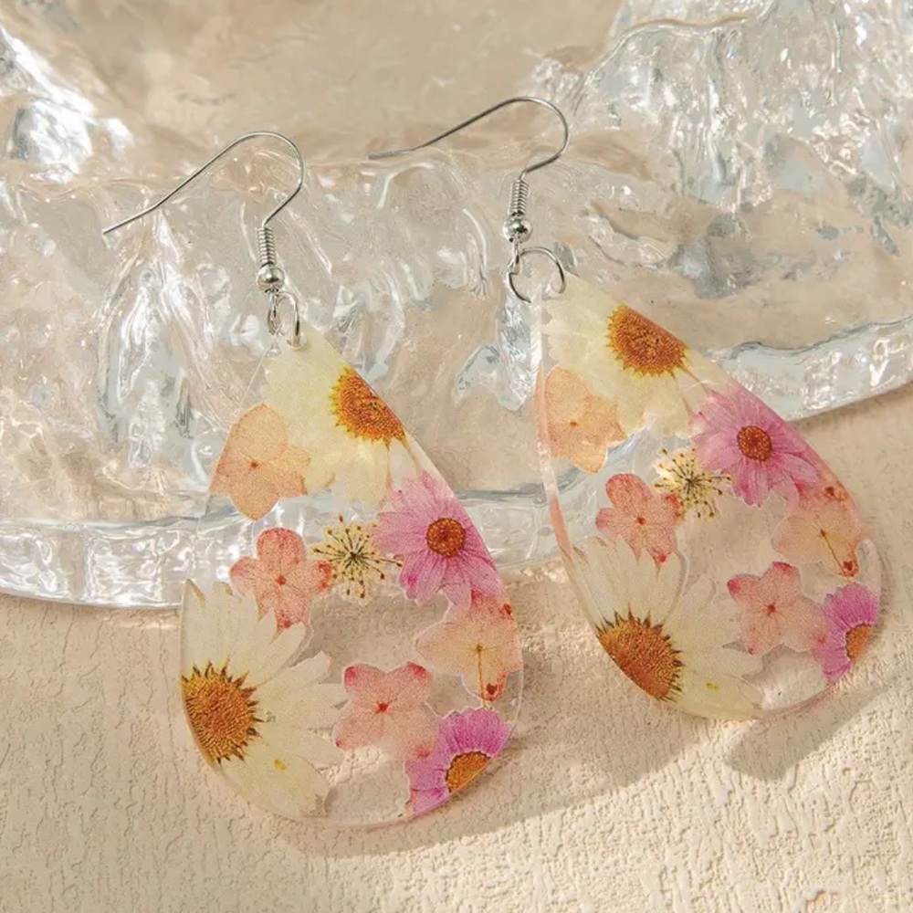 Pink Floral Print Acrylic Water Drop Dangle Earrings